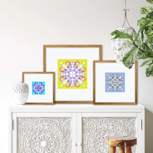 Colorful mandala art prints with home decor elements