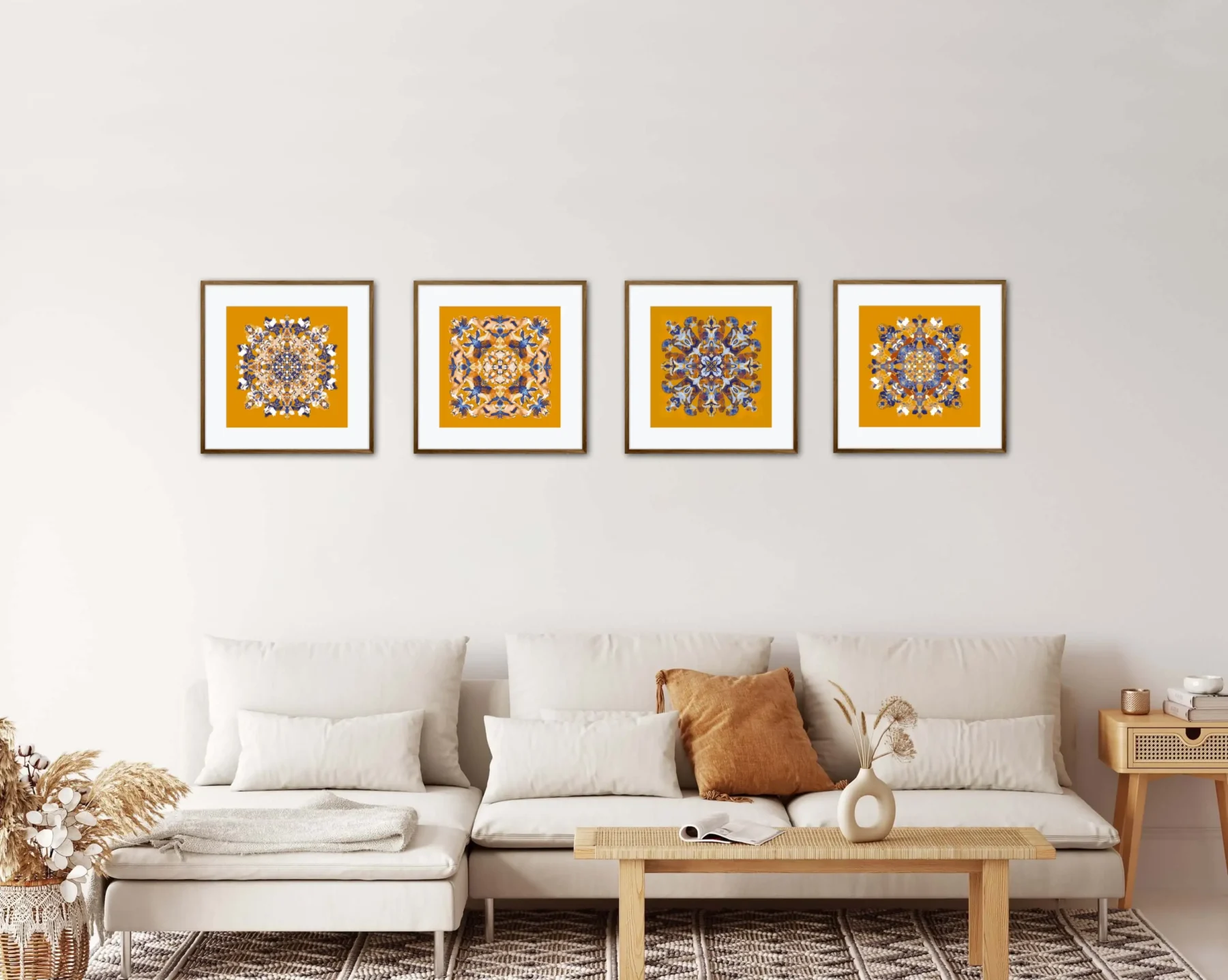 Gallery wall art mandala paintings in a row