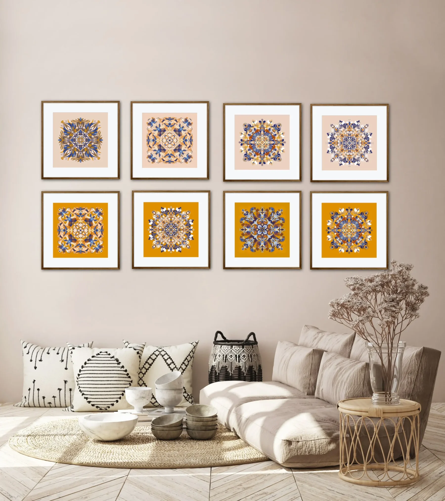 Bohemian Art Print set with Mandala art in interior