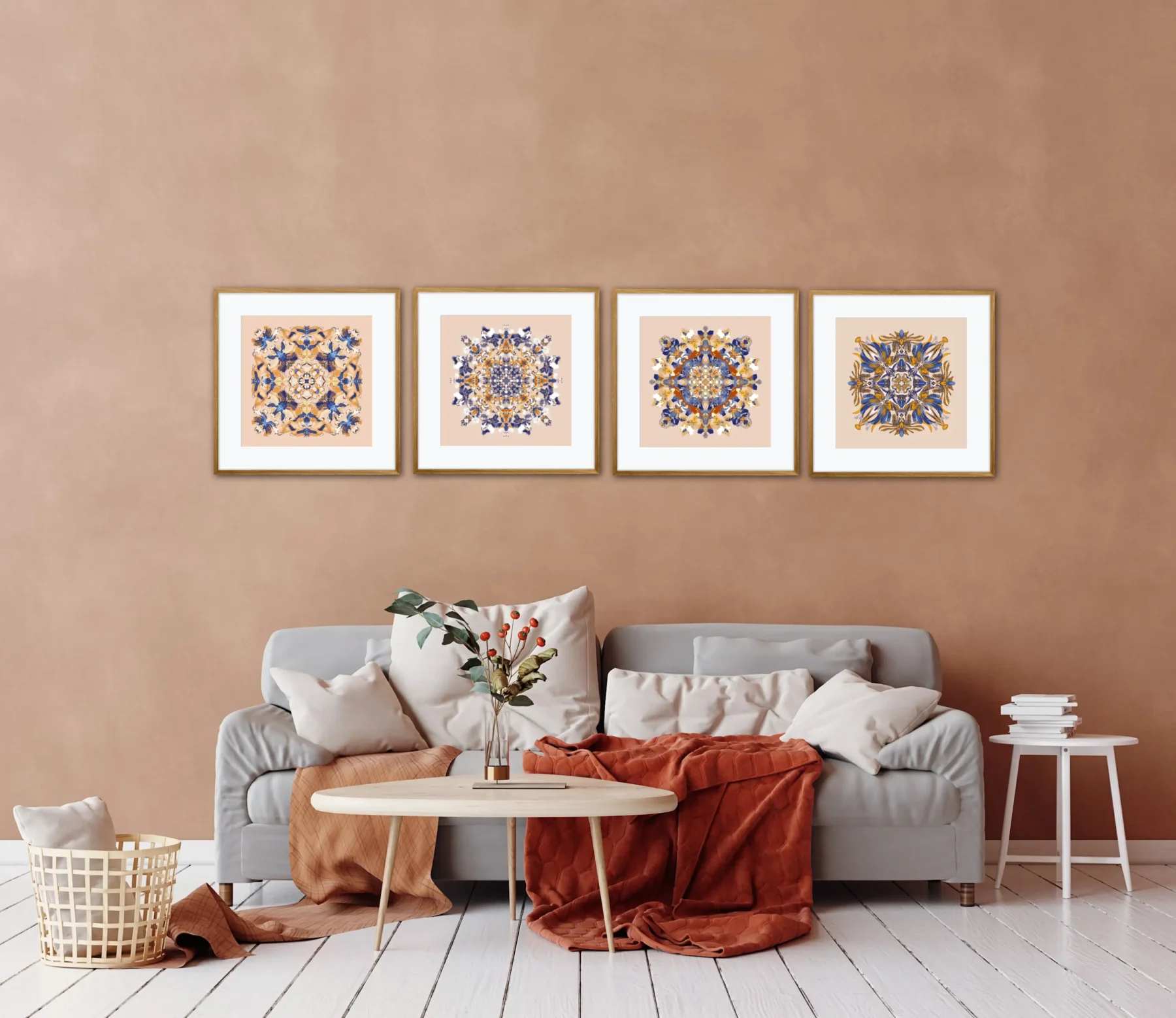 Mandala wall art prints in hygge living room