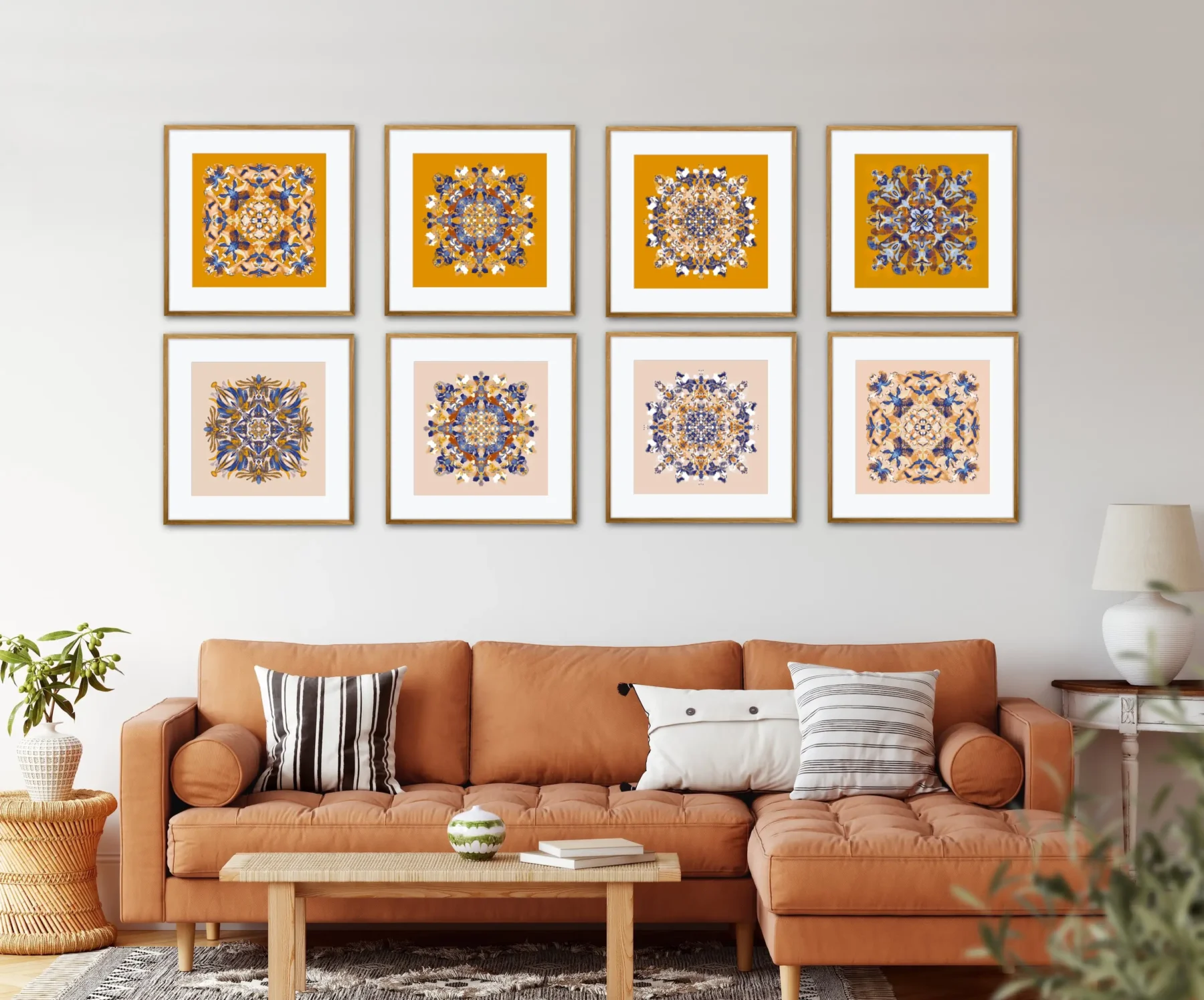 Gallery wall art mandala paintings in a row