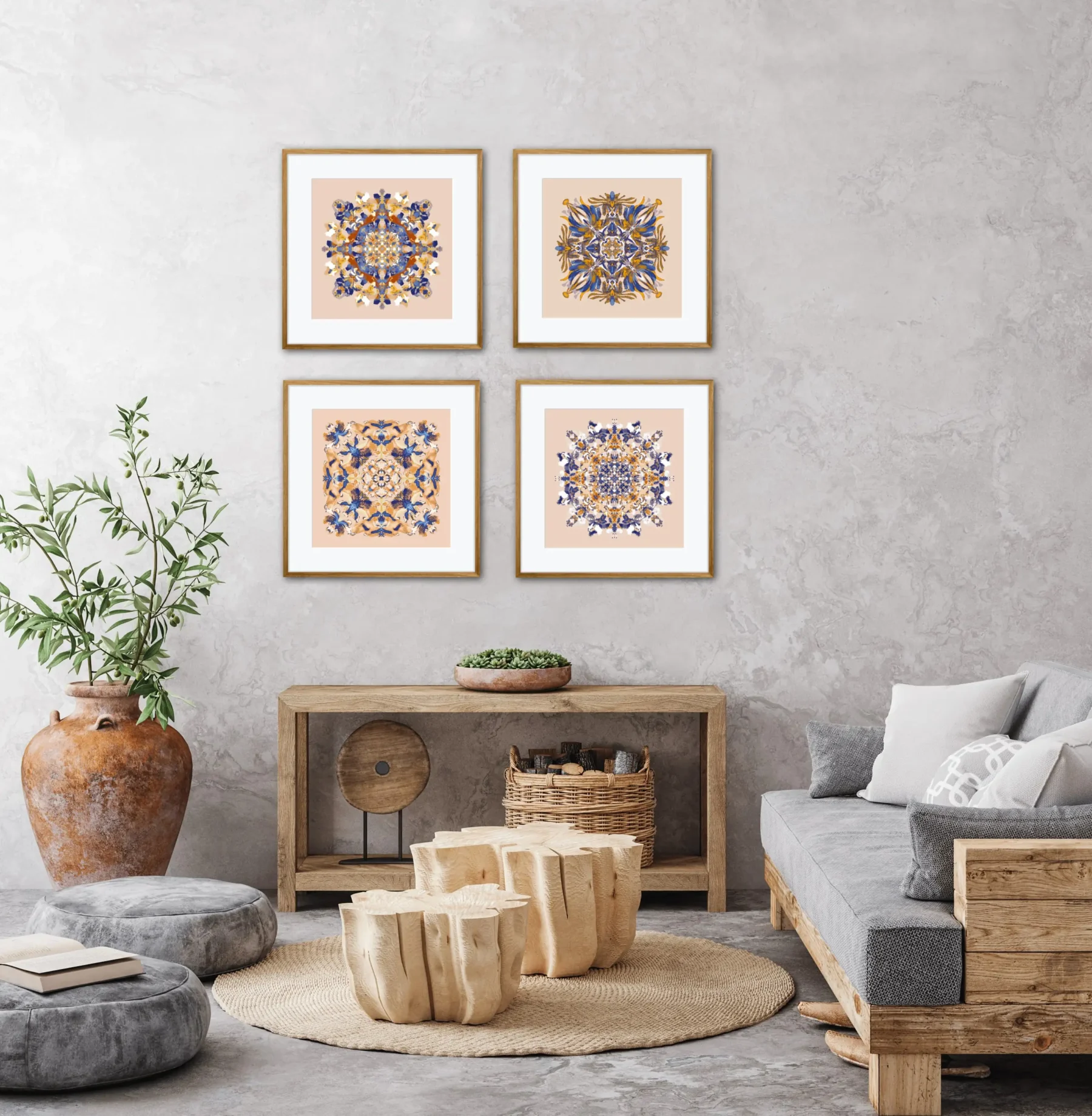 Boho wall art prints in living room with navy mandalas