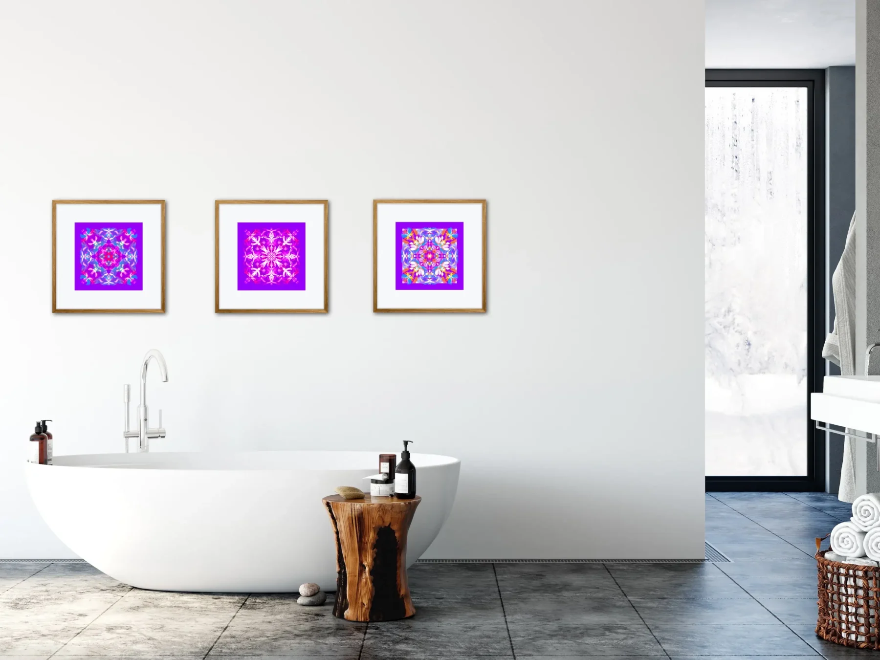 Set of 3 Wall Decor Paintings with Colorful Mandalas in bath room