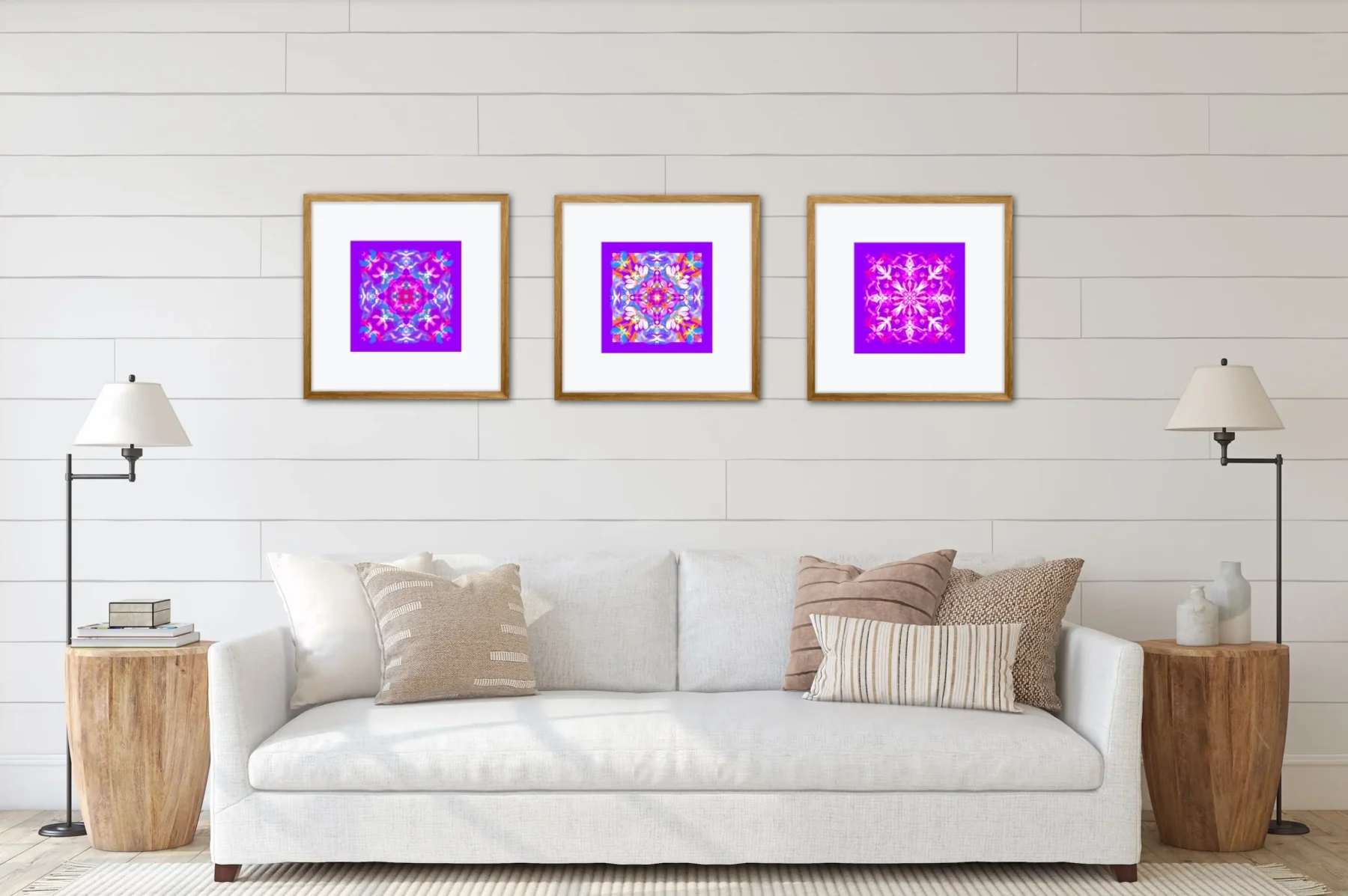 Set of 3 Wall Decor Paintings with Colorful Mandalas in living room