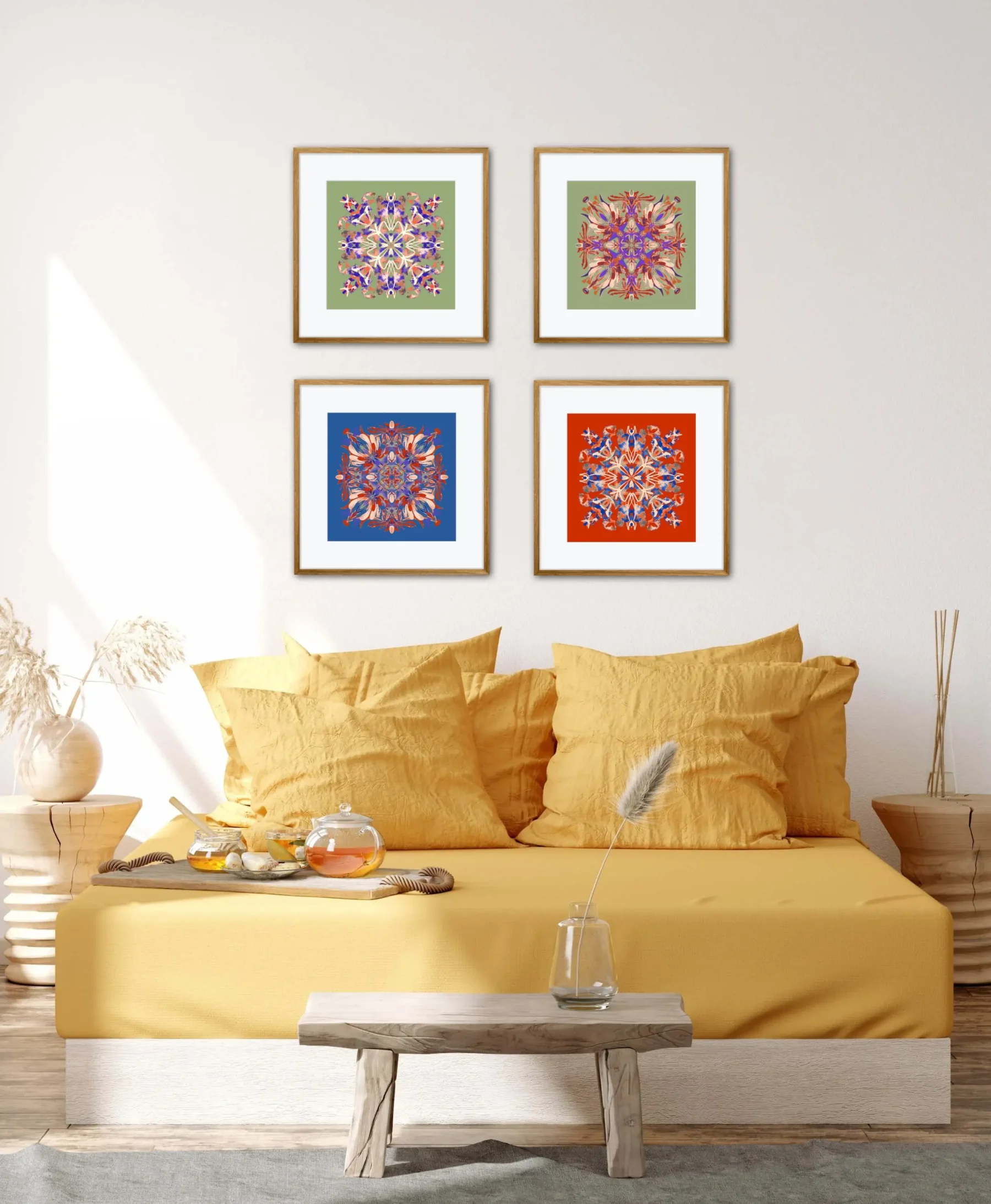 Bohemian Art Print with Mandala art in bedroom interior