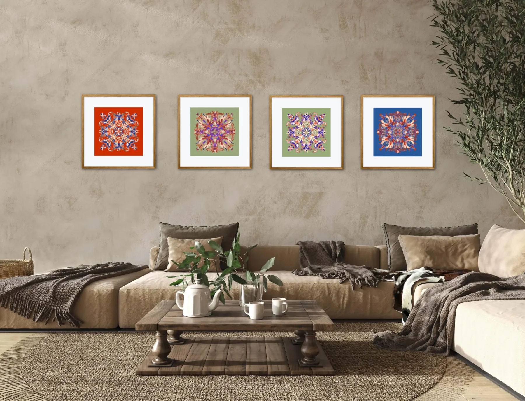 Set of 4 Art Prints with Colorful Mandala Paintings