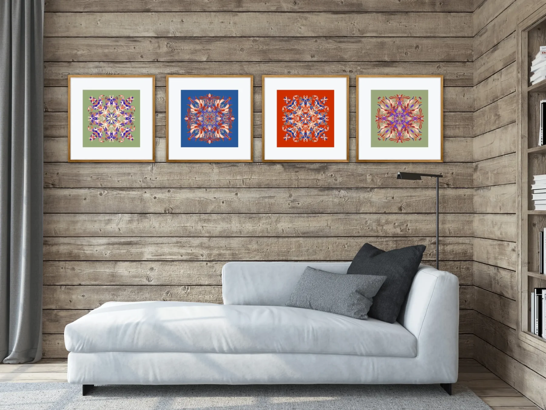 Gallery wall art mandala paintings in a row