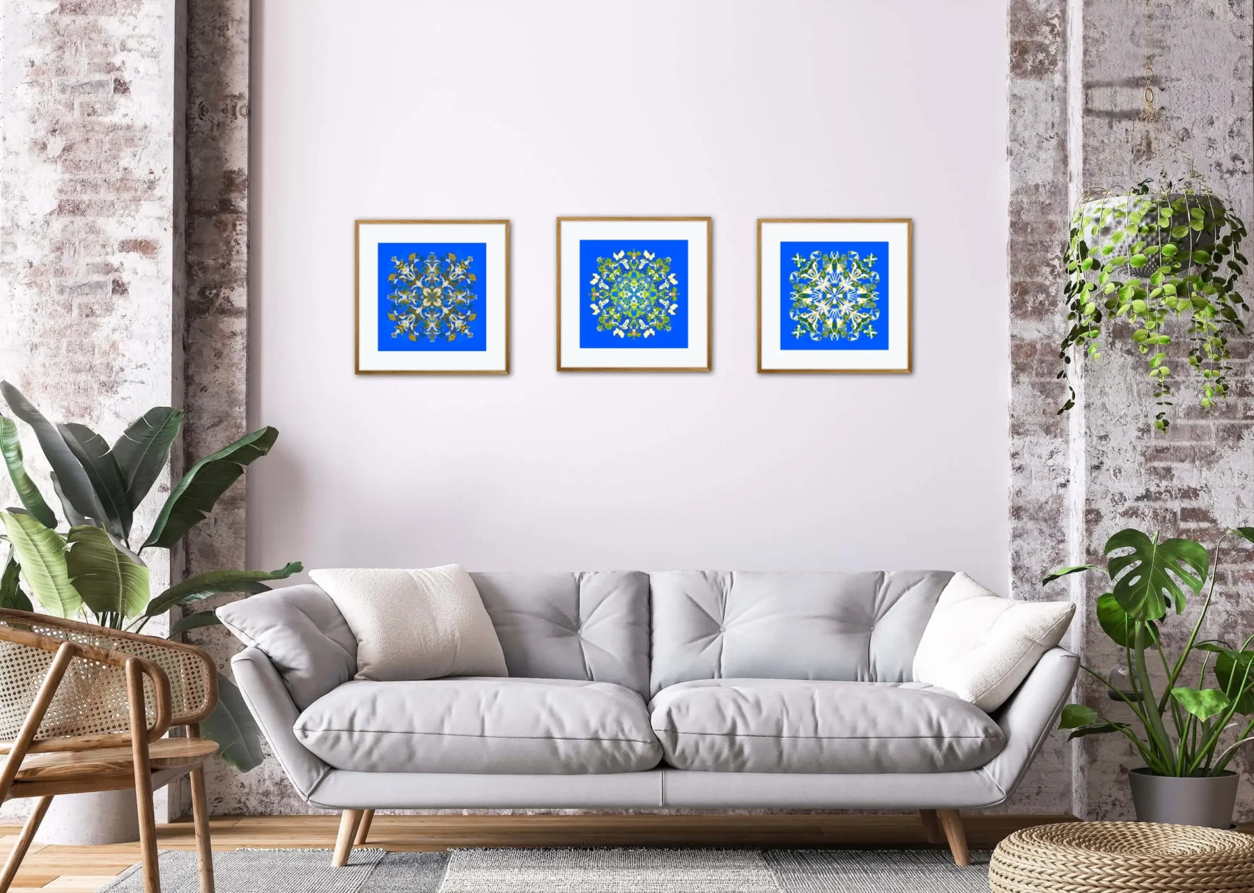 Set of 3 Wall Decor Paintings with Colorful Mandalas in living room