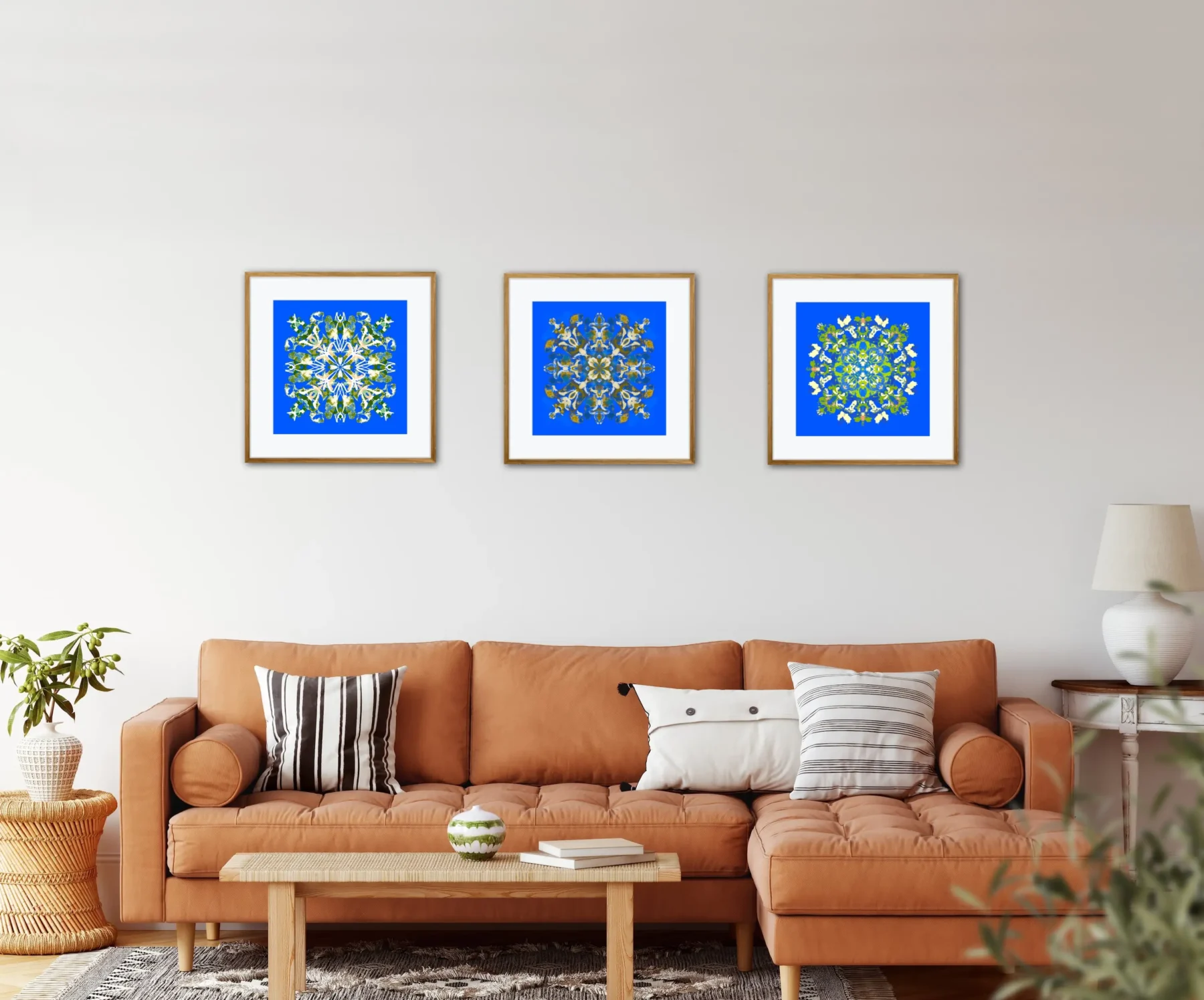 Set of 3 Wall Decor Paintings with Colorful Mandalas in living room