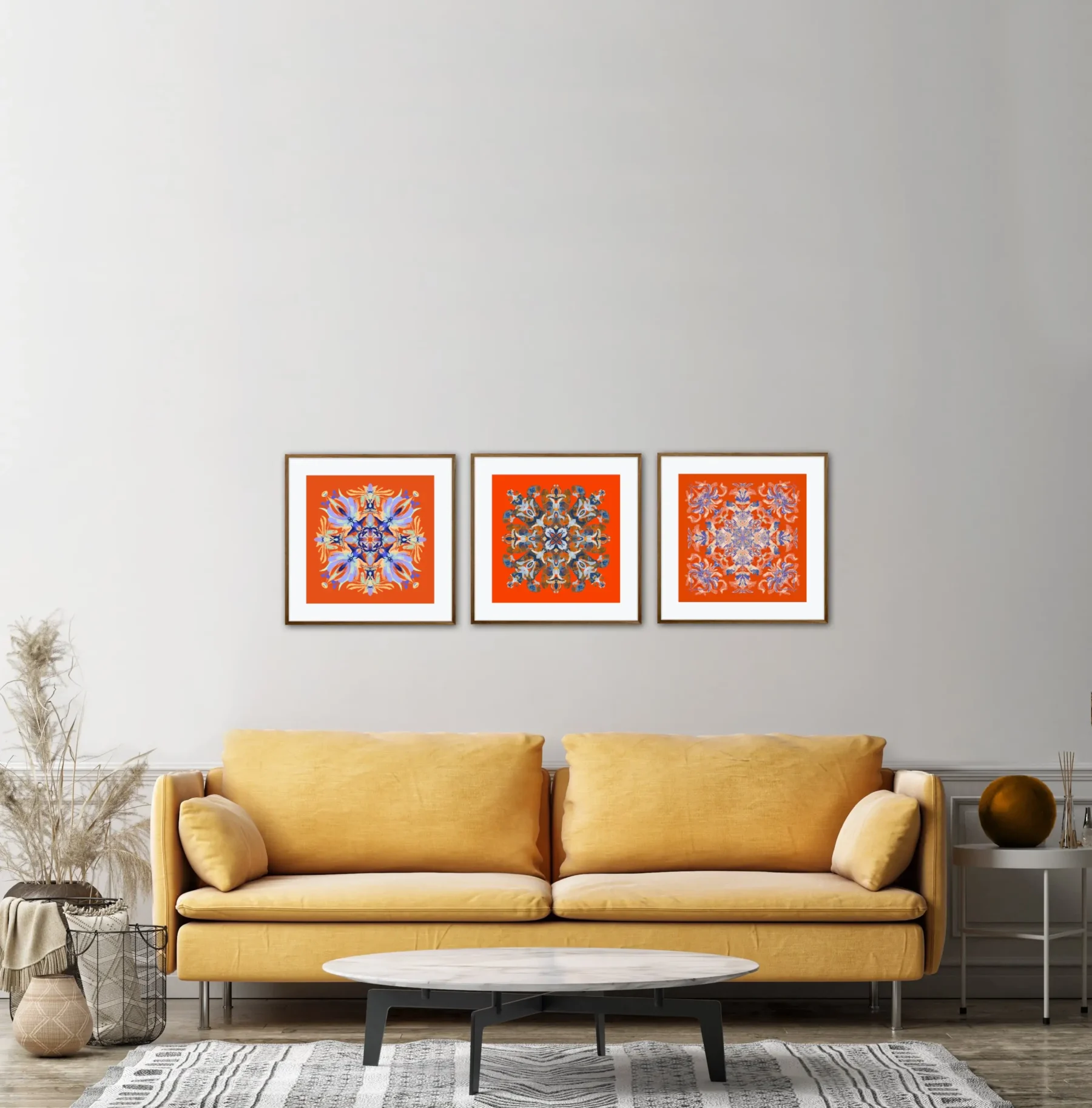 Set of 3 Orange and Red Mandala Wall art paintings in living room