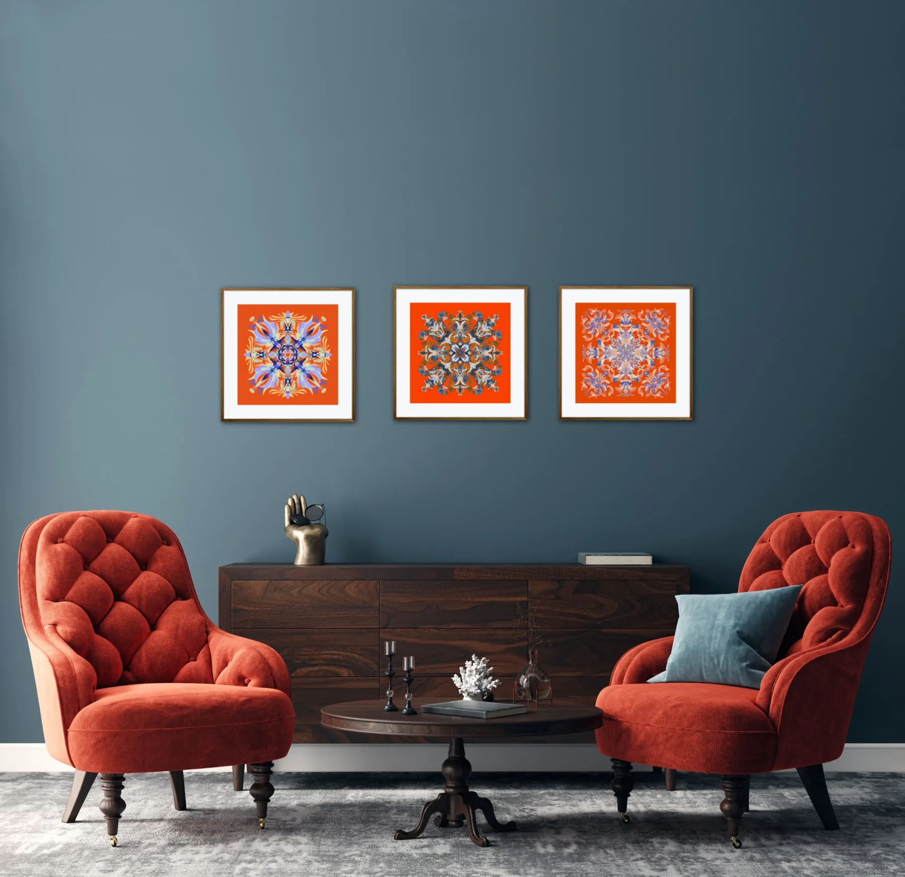 Set of 3 Orange and Red Mandala Wall art paintings in living room