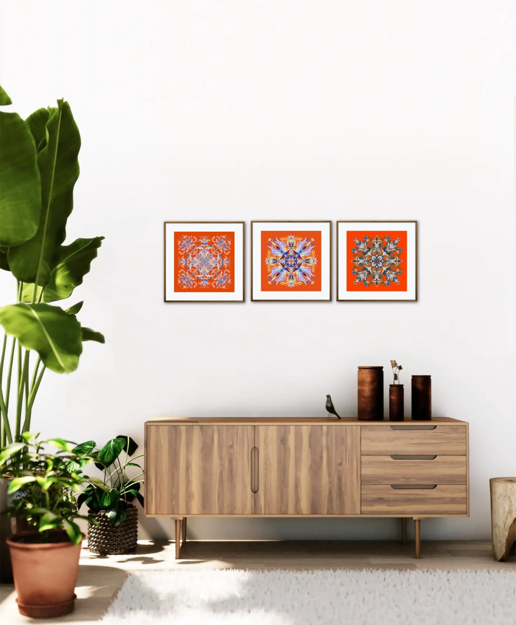 Set of 3 Wall Decor Paintings with Colorful Mandalas in living room