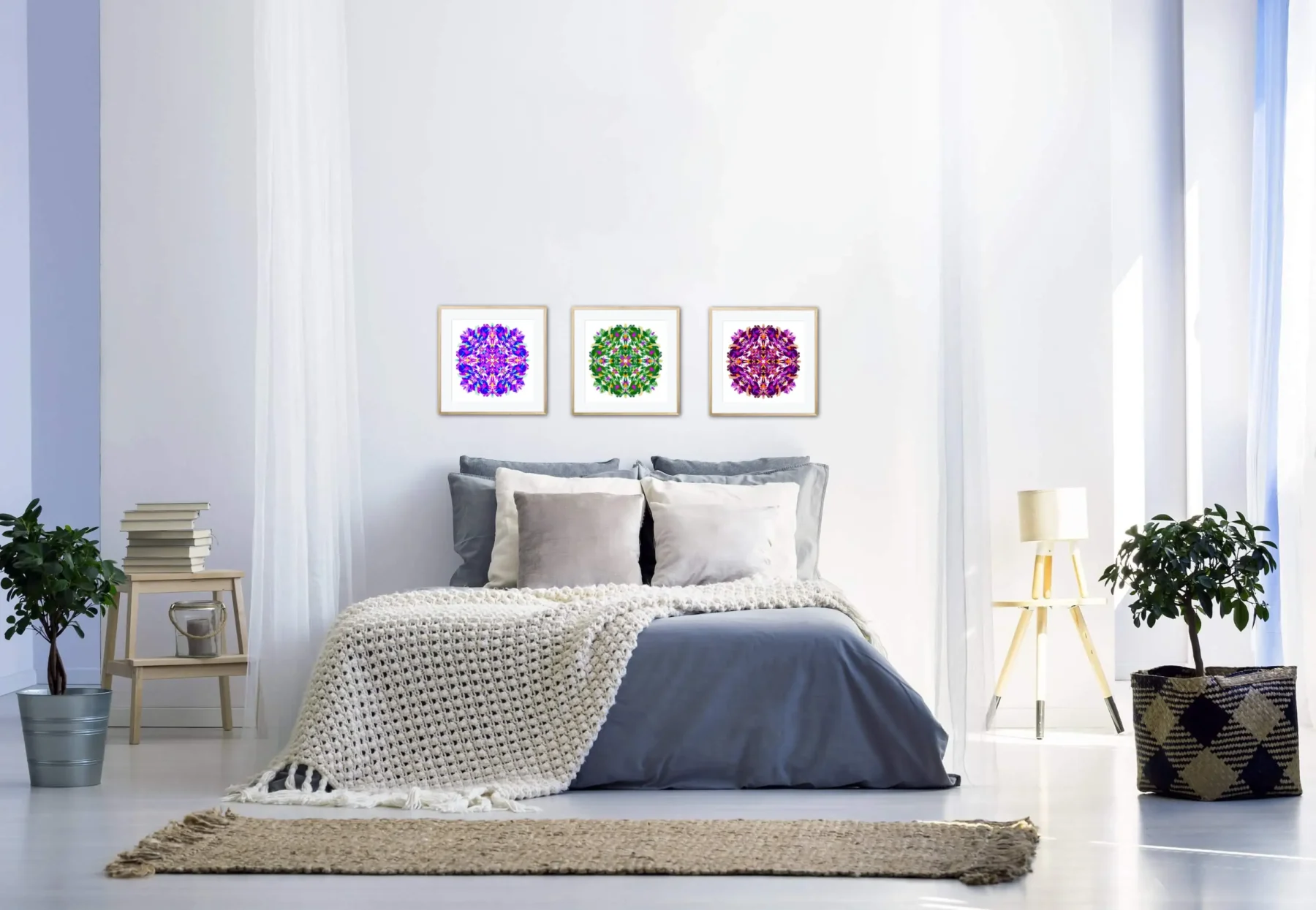 Set of three bright mandala wall art prints in bedroom