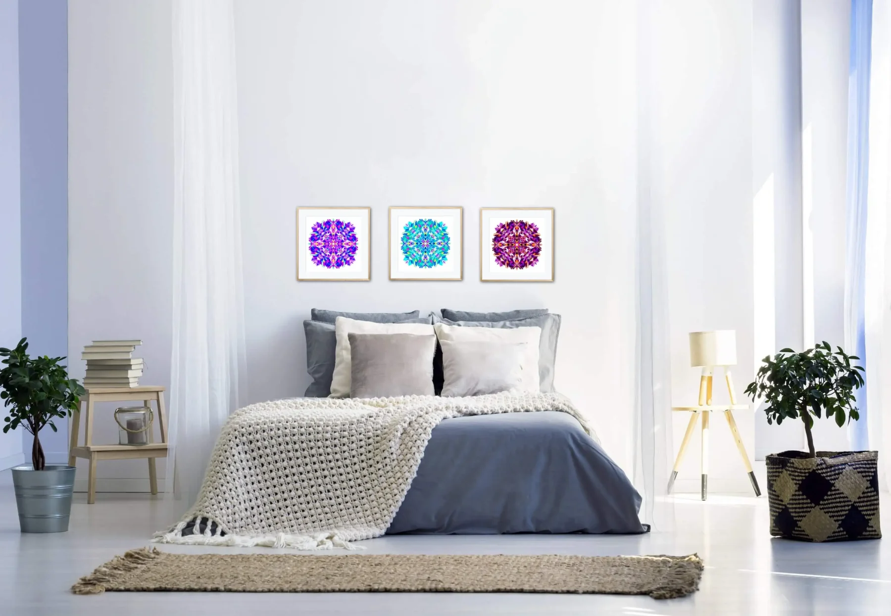 Set of 3 Wall Decor Paintings with Colorful Mandalas in bedroom