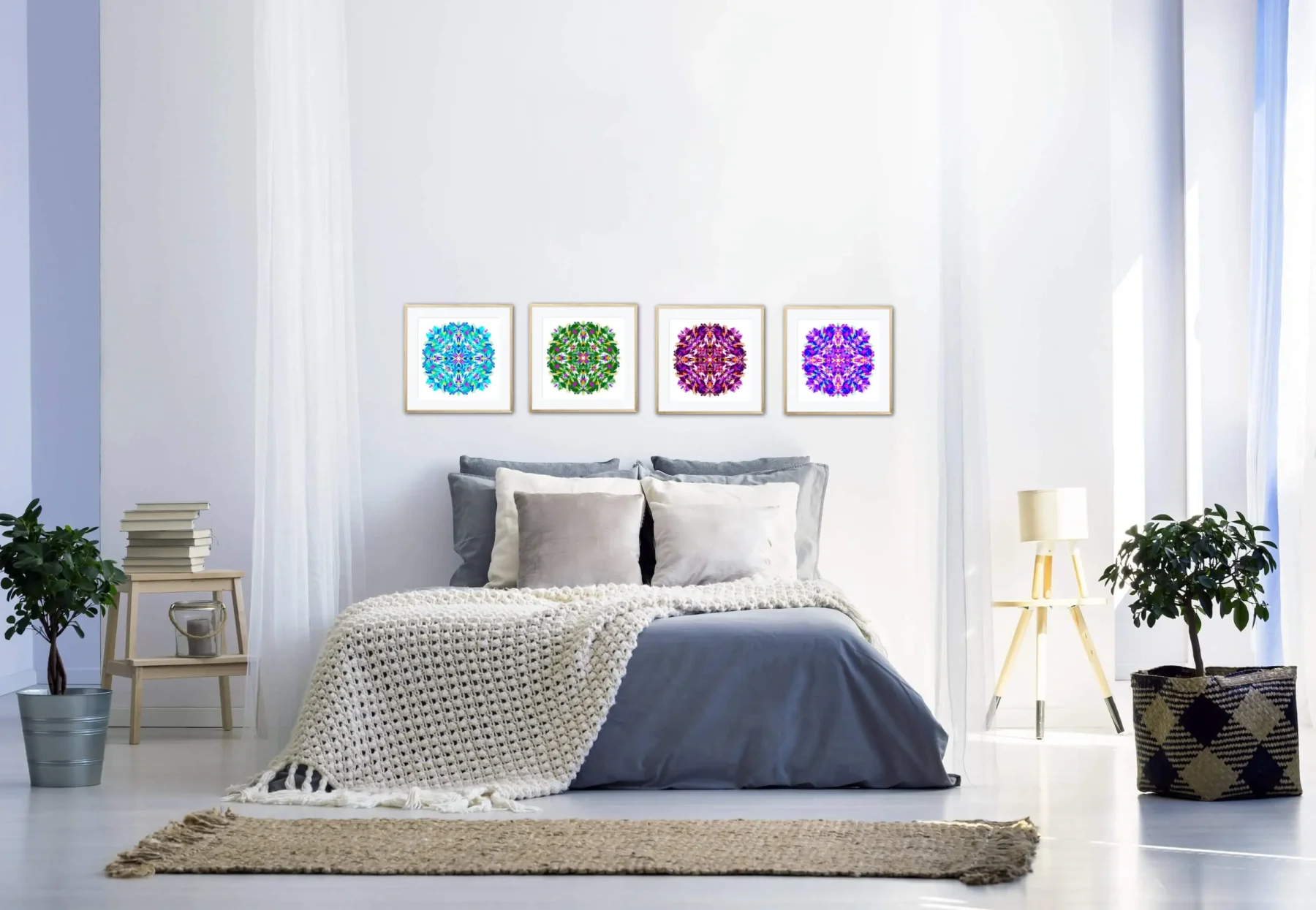 Gallery wall art mandala paintings in a row