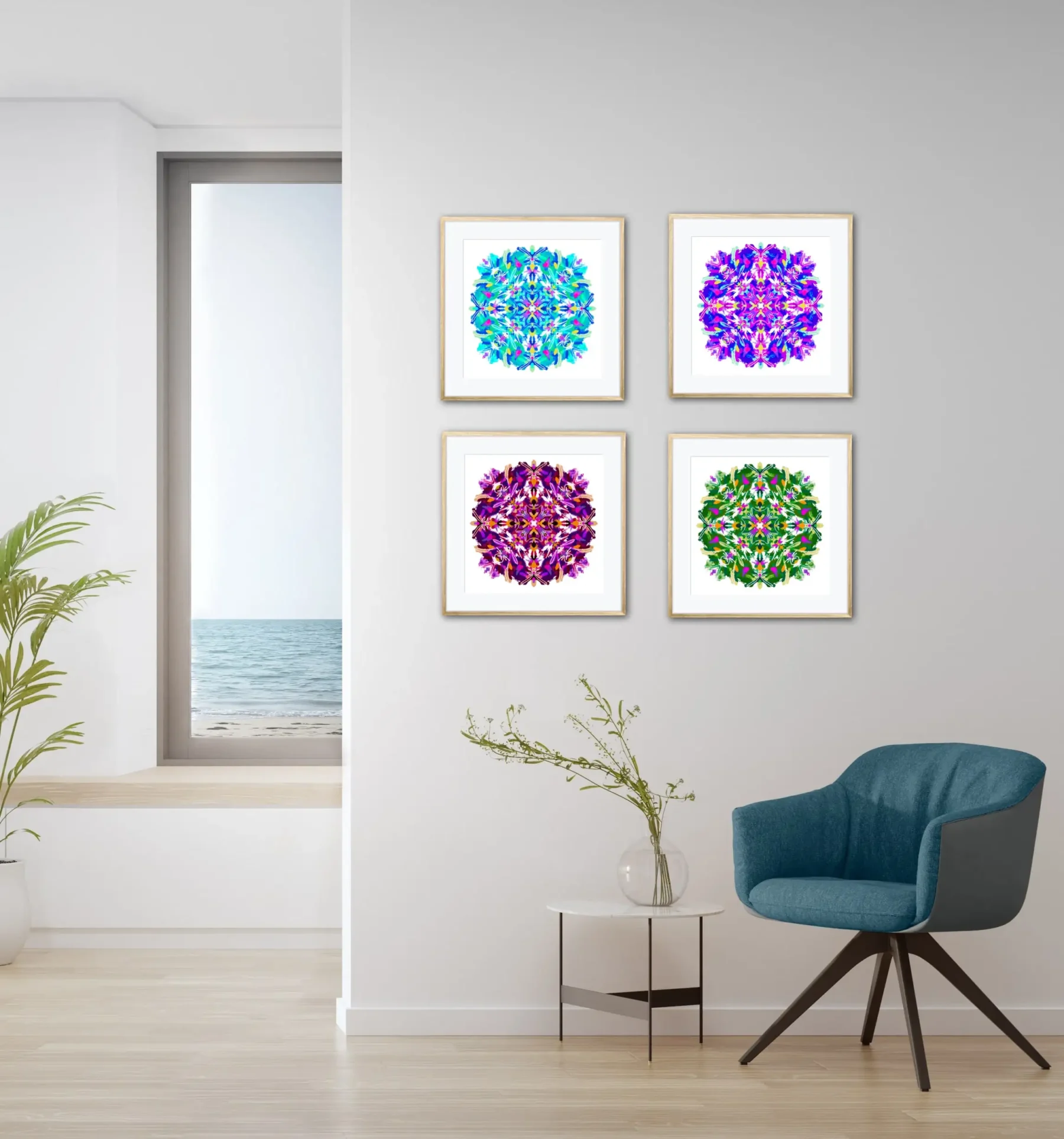 Set of 4 Art Prints with Colorful Mandala Paintings