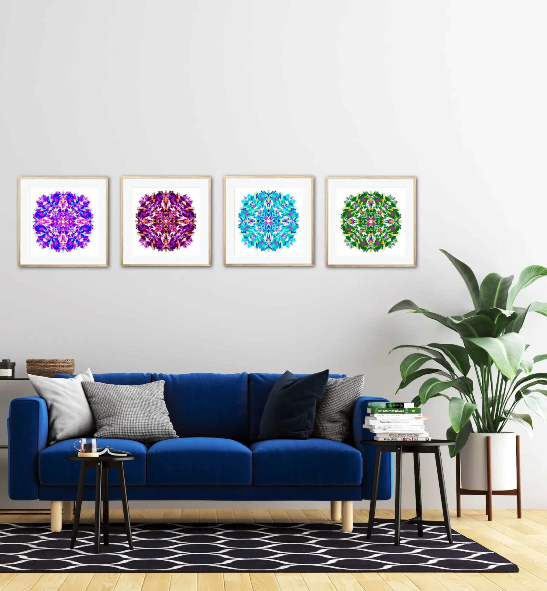 Set of 4 bright mandala wall art prints in modern room by Mandala Room