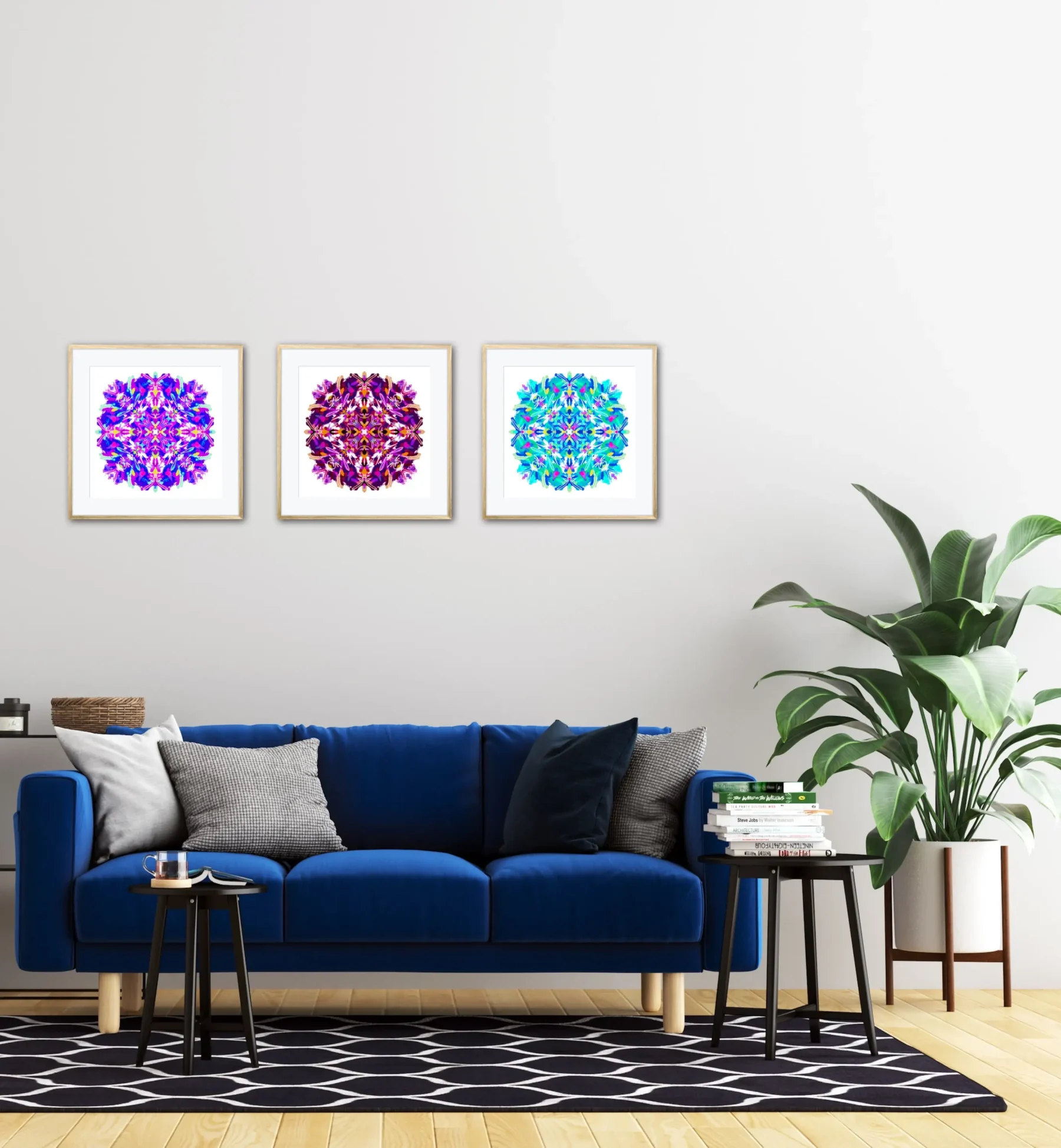 Set of 3 Wall Decor Paintings with Colorful Mandalas in living room