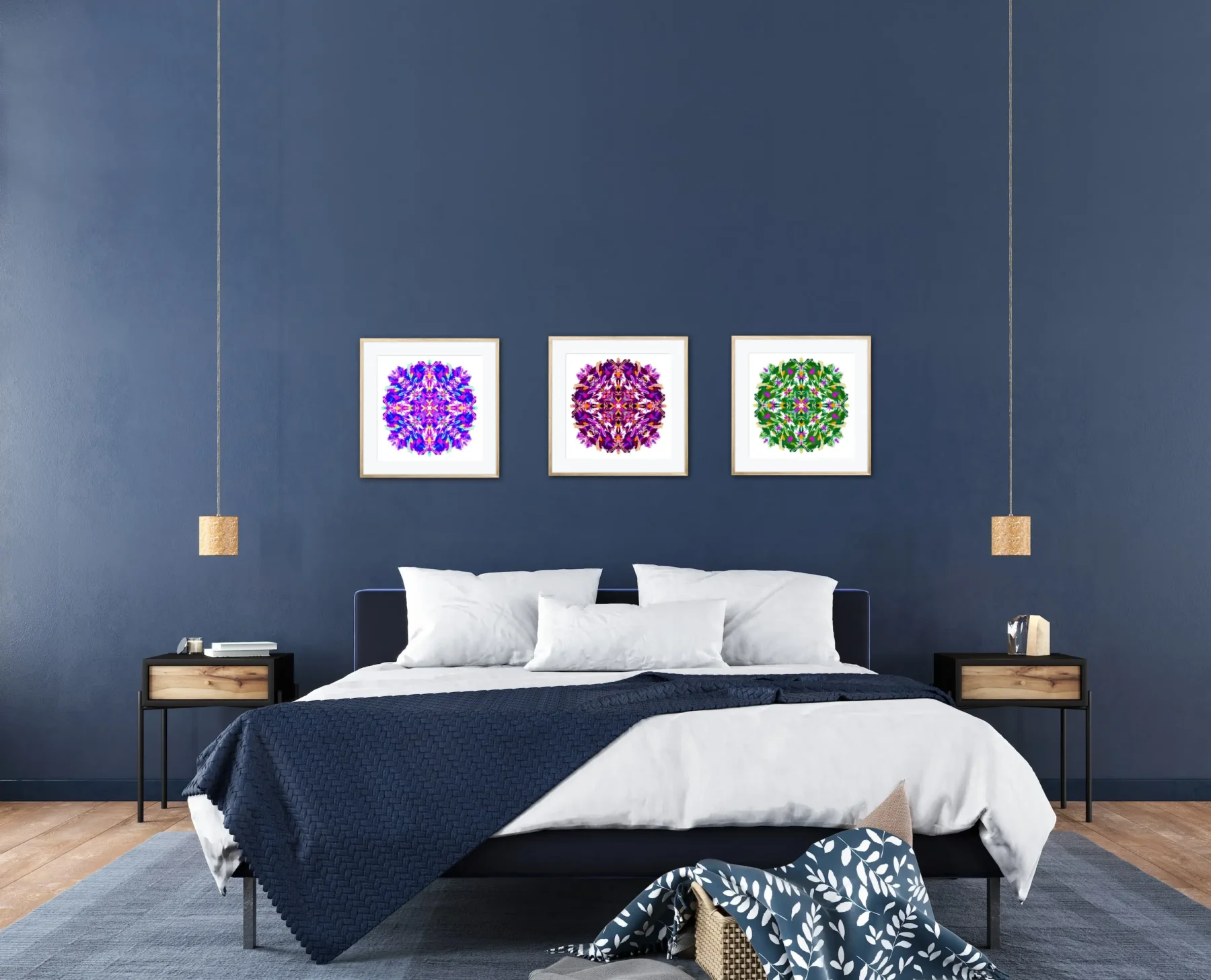 Set of 3 Wall Decor Paintings with Colorful Mandalas in bedroom interior