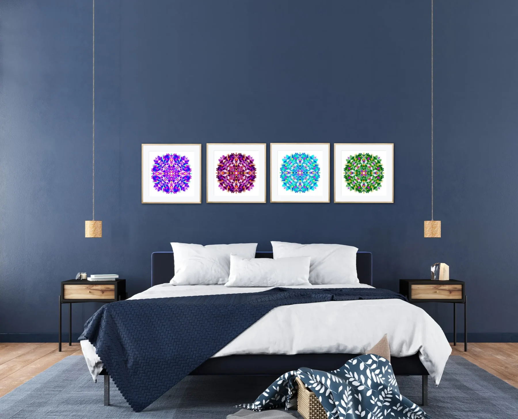 Gallery wall art mandala paintings in a row for contemporary home design