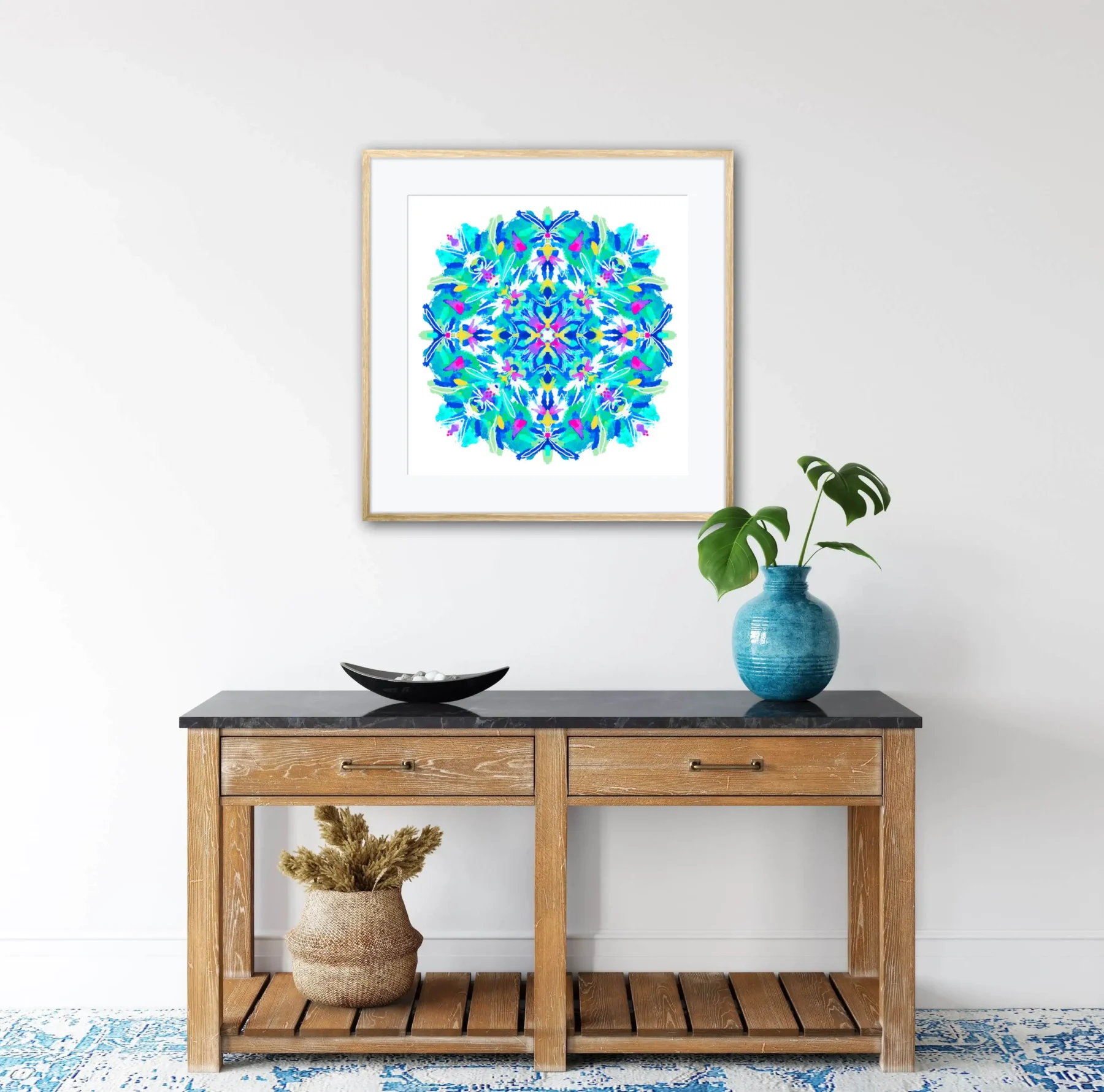 Boho wall art print with blue and teal mandala in living room