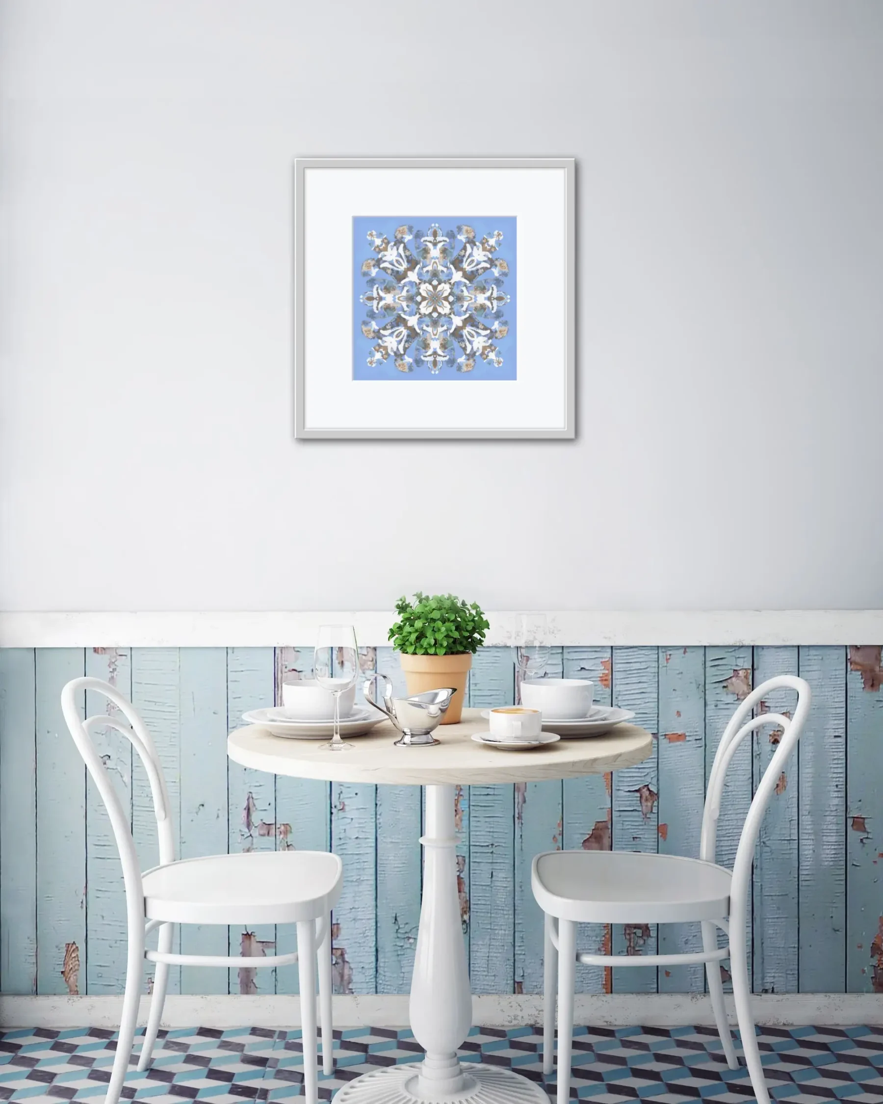 Unique mandala wall art print with baby blue mandala painting by mandala room