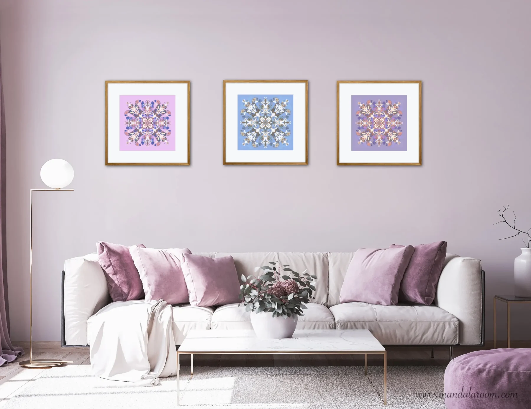 Set of 3 Wall Decor Paintings with Colorful Mandalas in living room