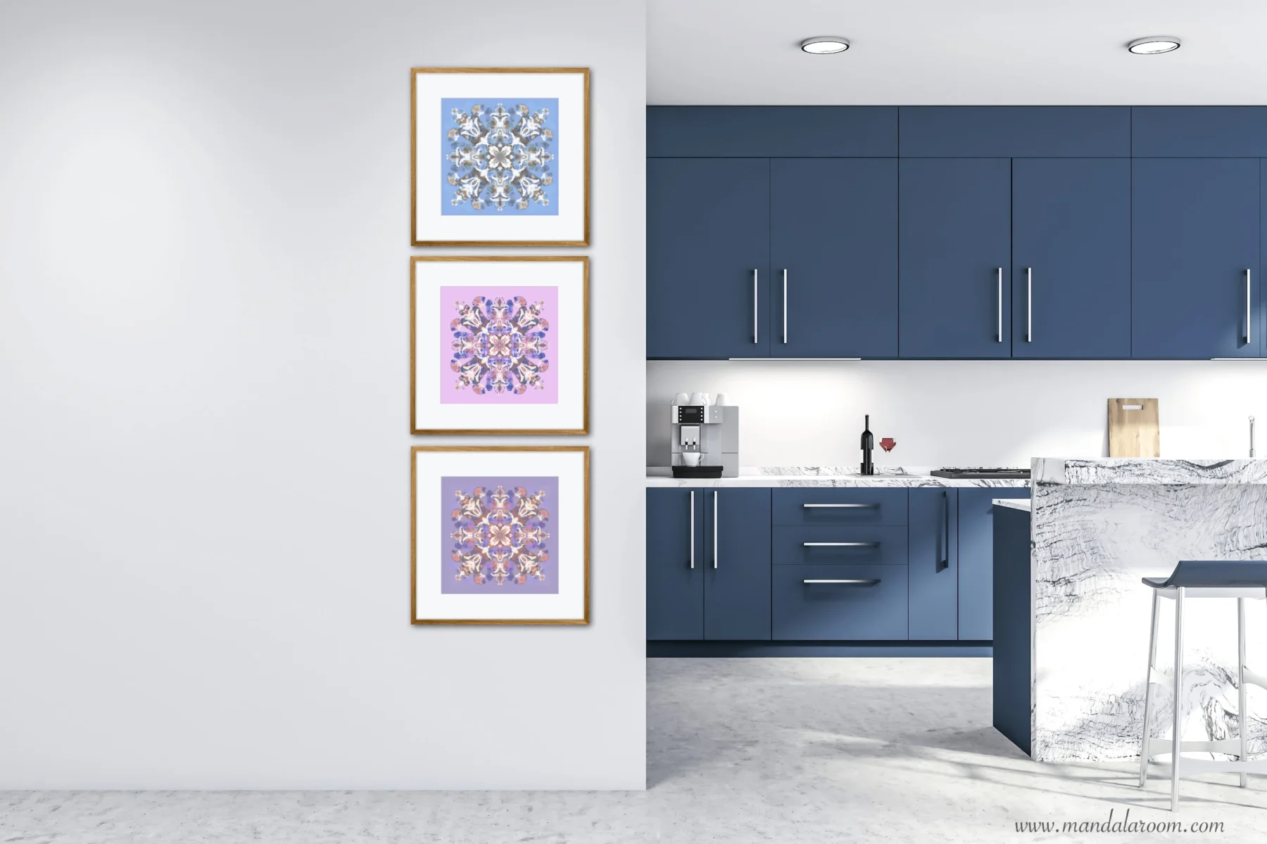 mandala painting wall art print set for kitchen home decor in blue and violet