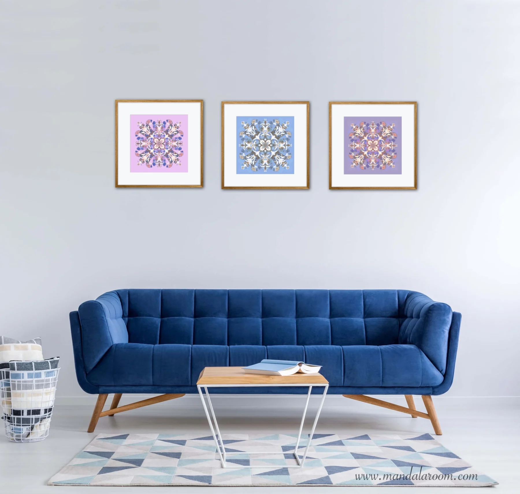 Set of 3 Mandala wall Art giclee prints with romantic pink, blue and purple mandala paintings