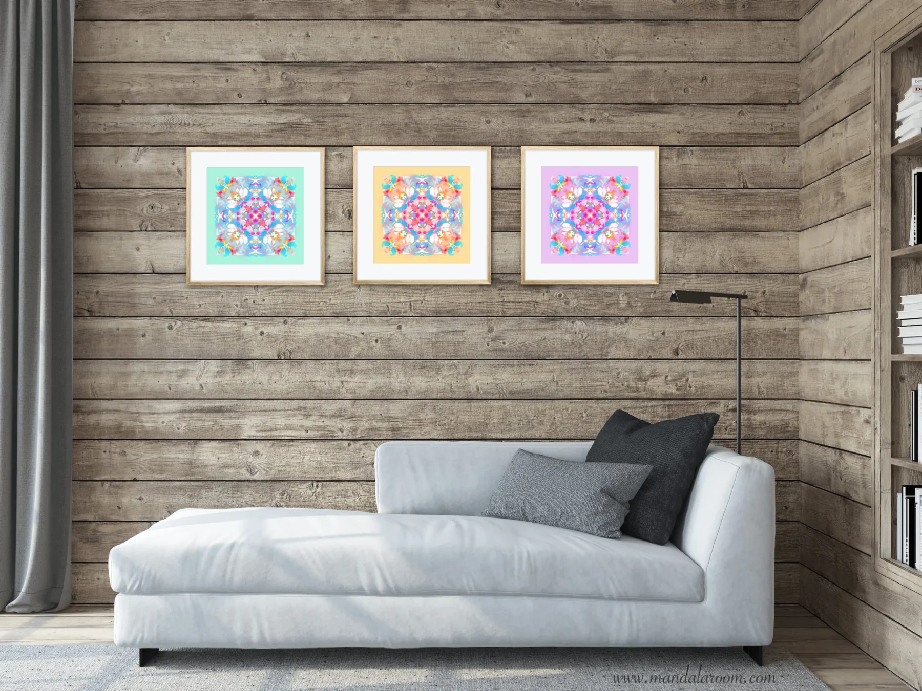 Set of 3 Mandala Art prints in pink, teal and yellow colors with mandala paintings