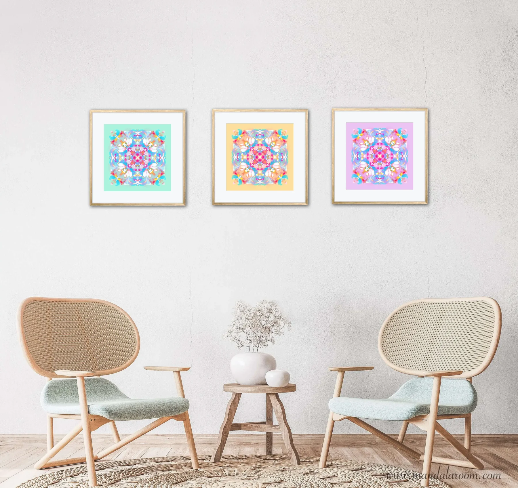 Set of 3 Wall Decor Paintings with Colorful Mandalas in living room