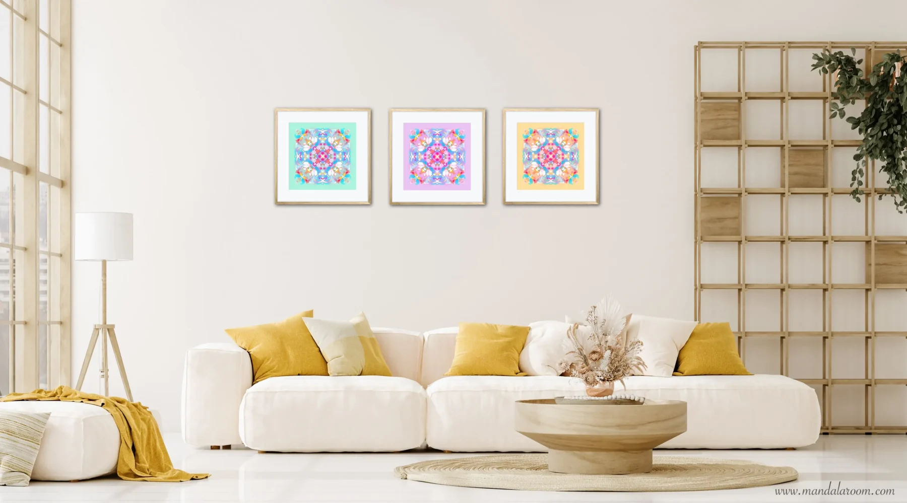 Set of 3 Wall Decor Paintings with Colorful Mandalas in living room