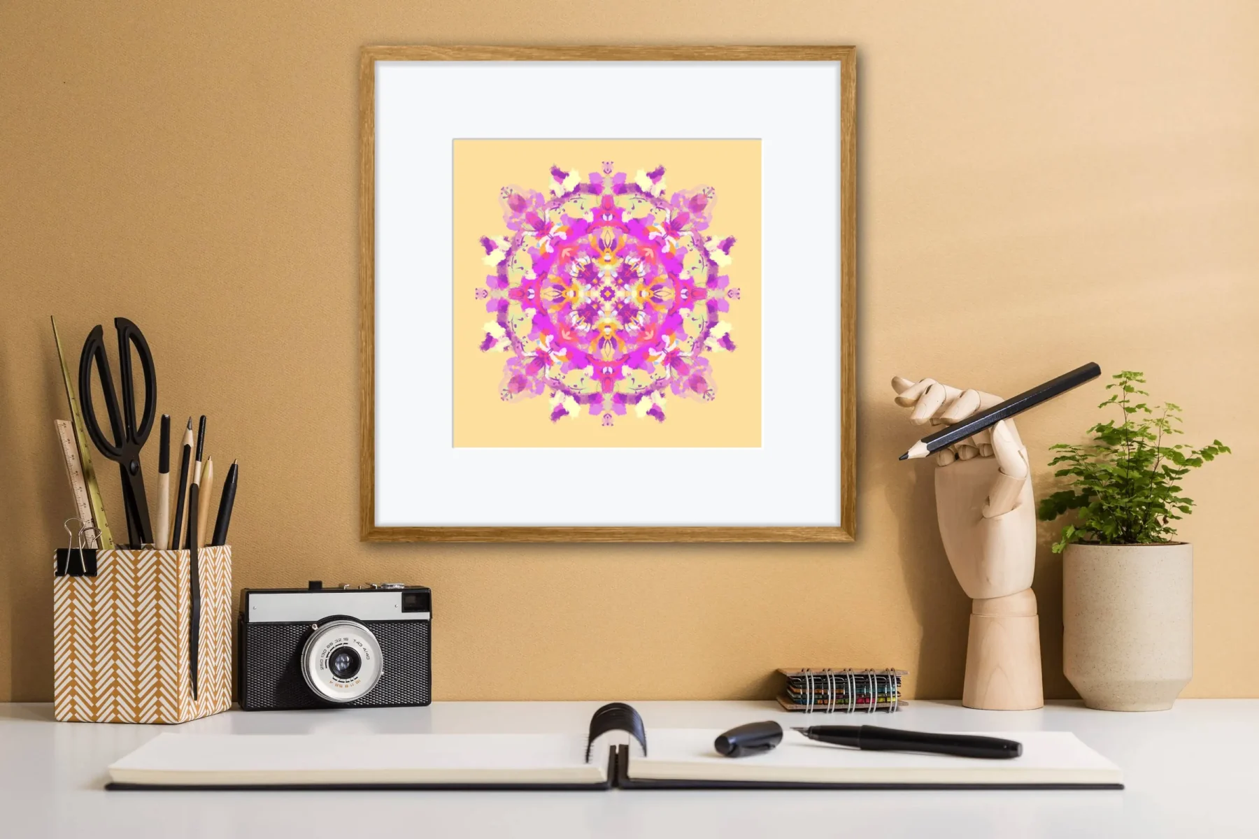 Boho wall art print for home with mandala painting in bright yellow and pink