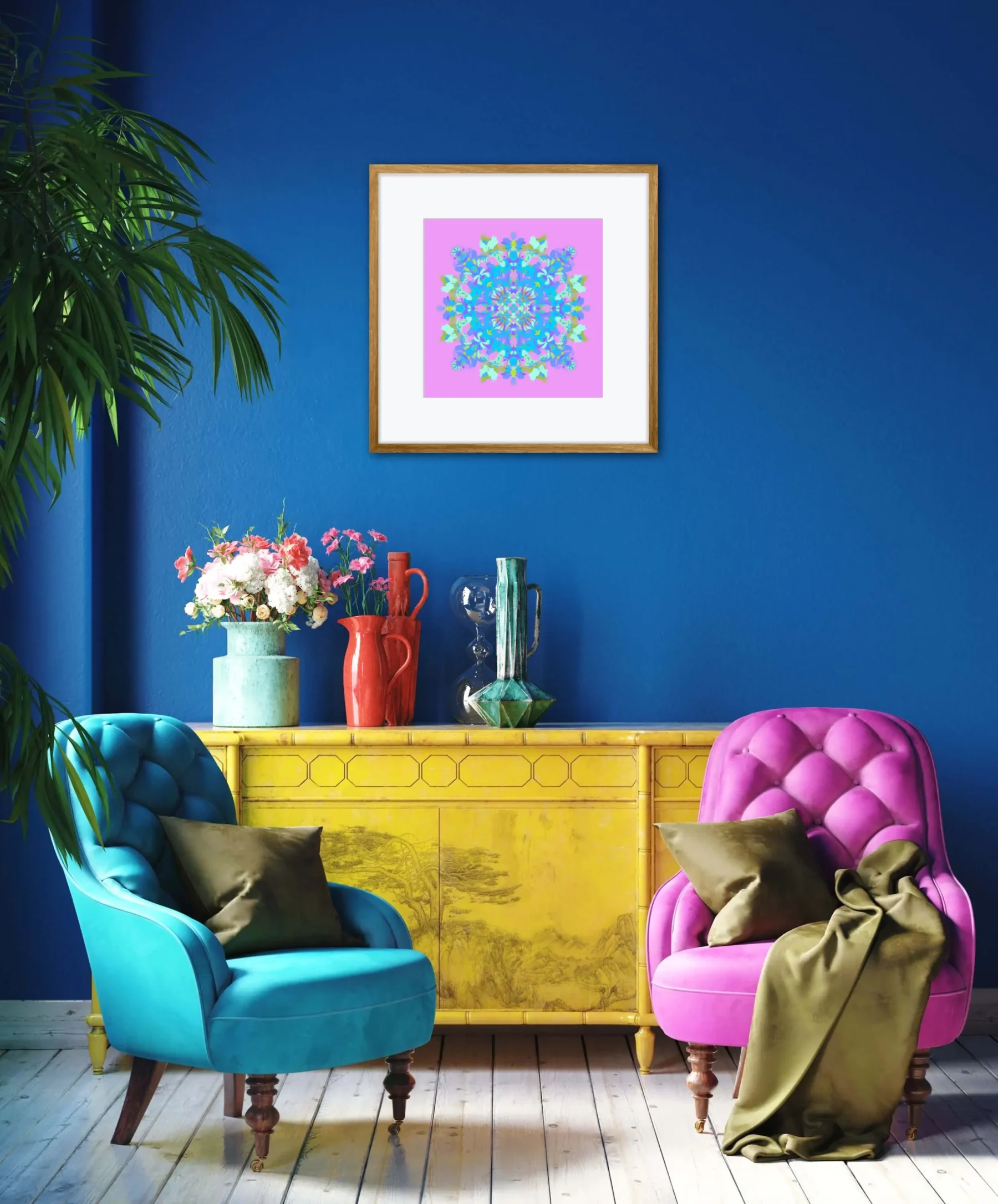 Bright Abstract Mandala Wall Art Print in colorful living room