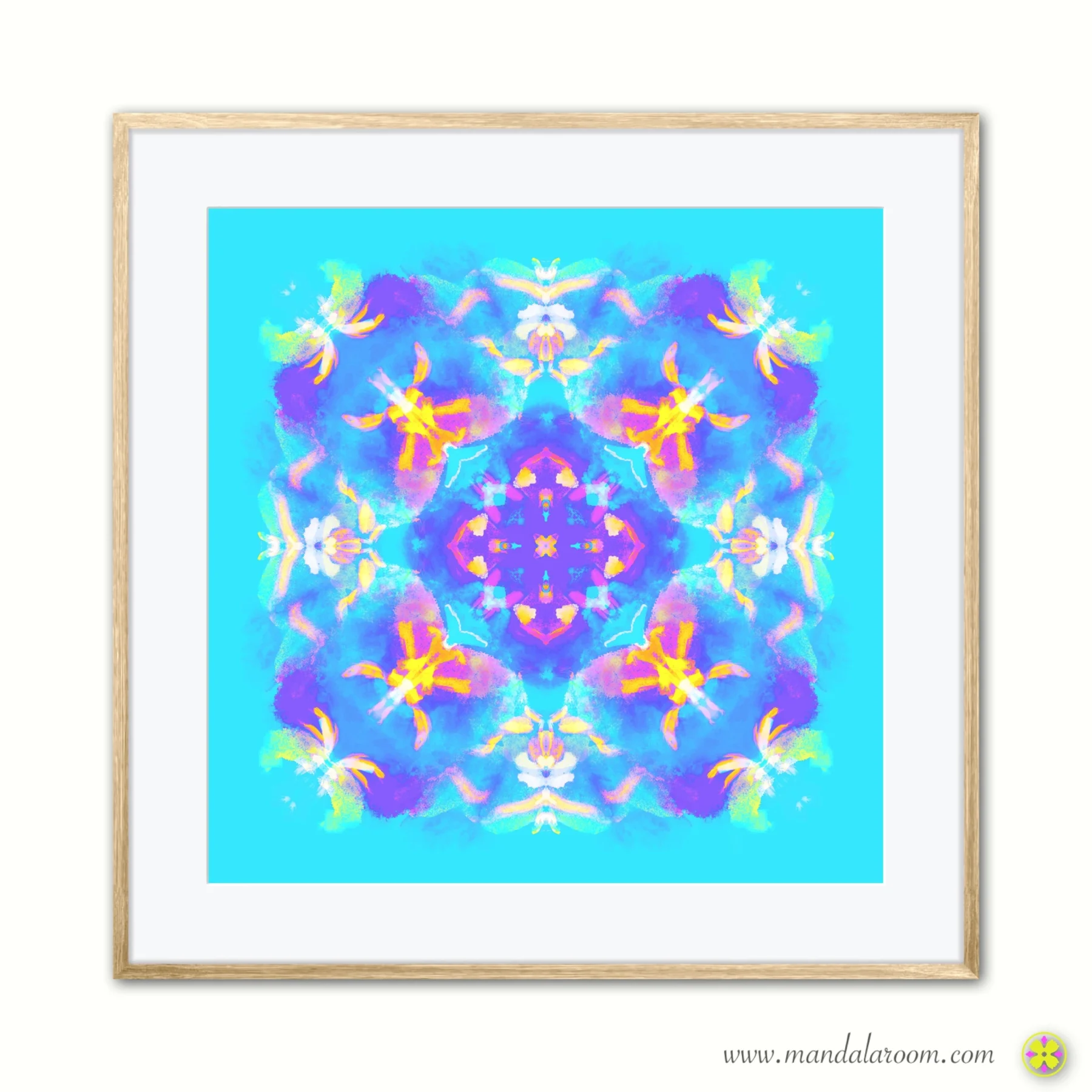 Colorful mandala wall art print in blue, purple and yellow tones