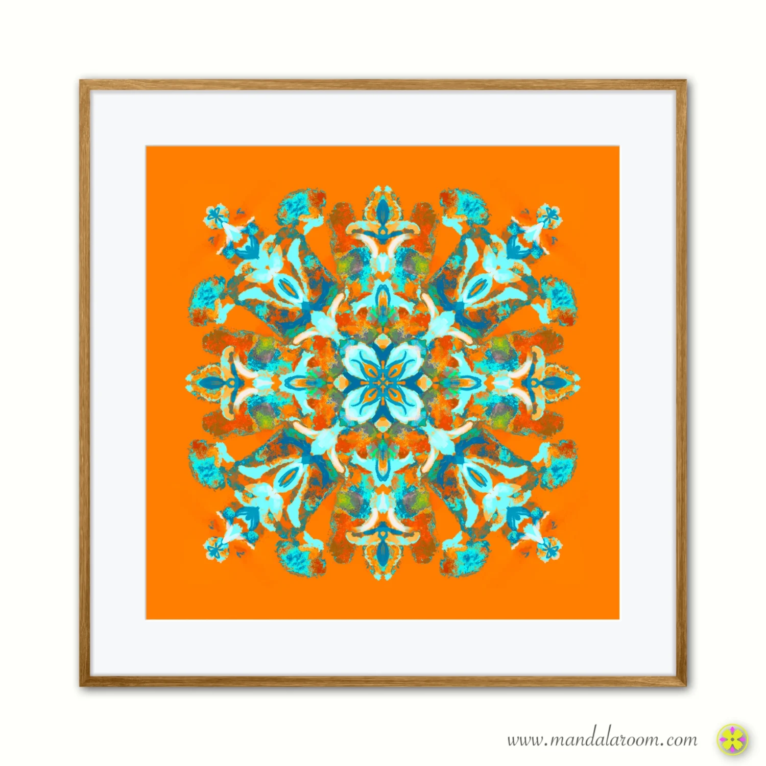 Colorful mandala wall art print in orange and green