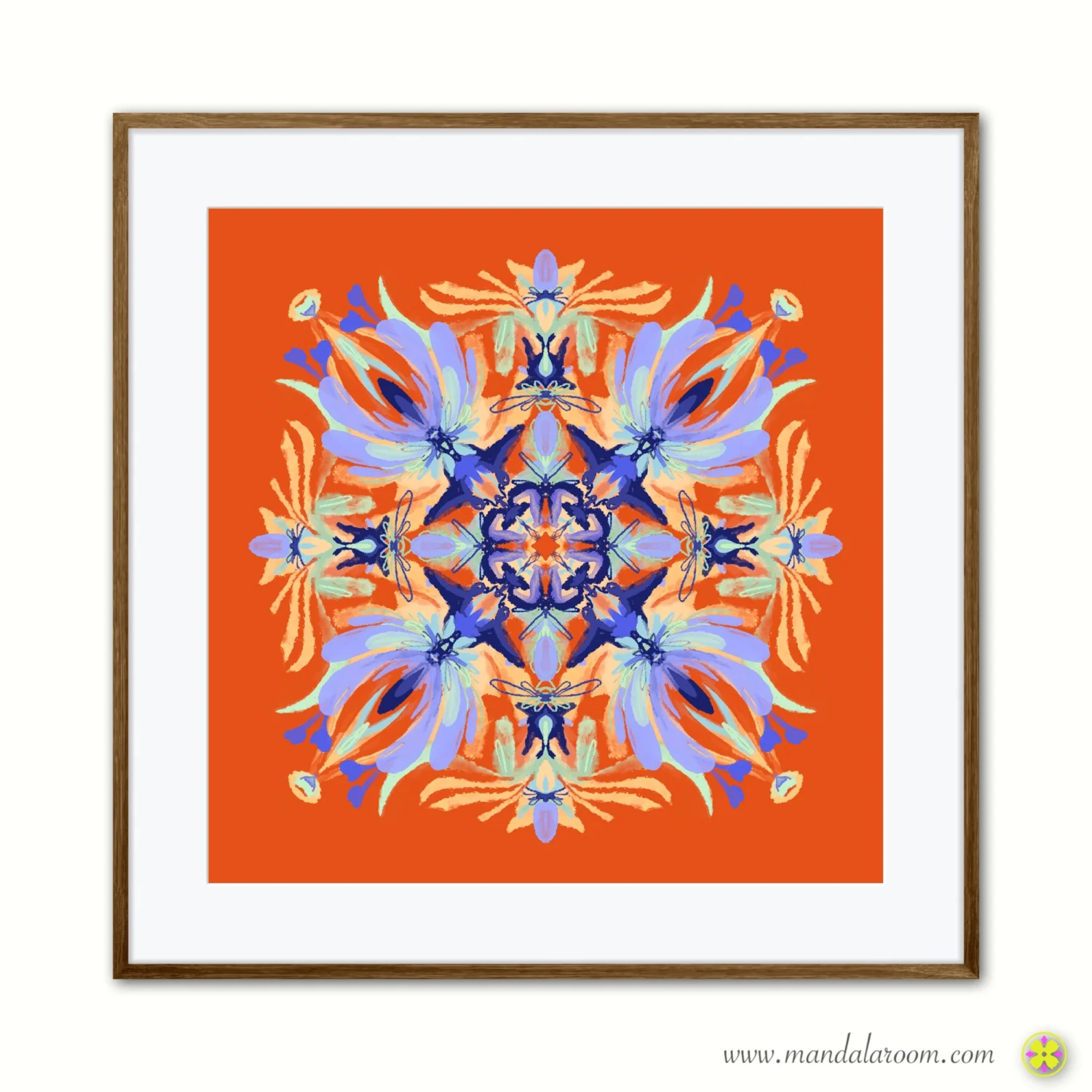 mandala art print in blue and orange