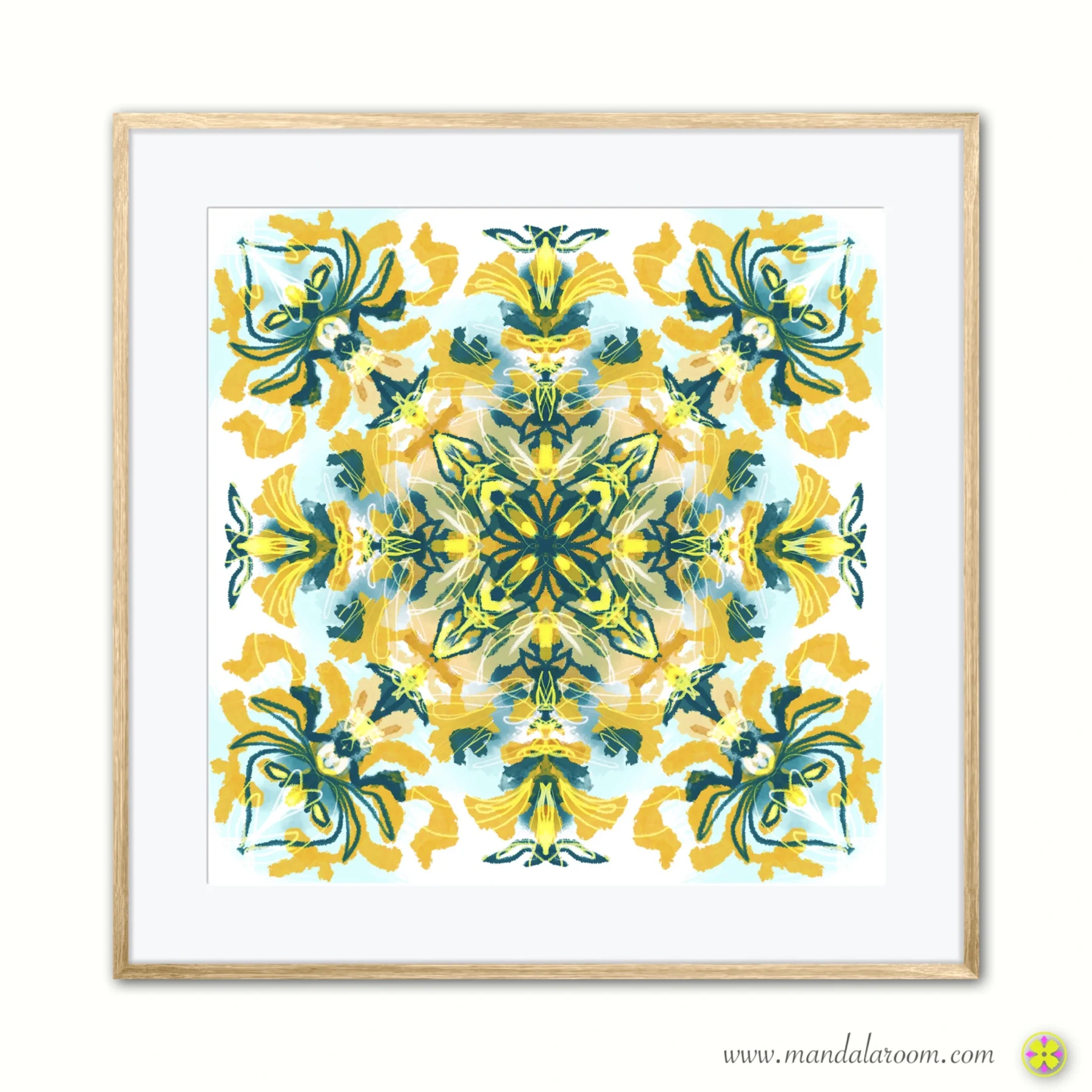 Colorful mandala wall art print in yellow and green