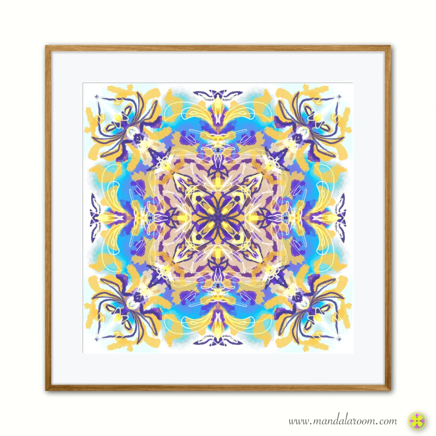 Colorful mandala wall art print in yellow, blue and purple tones