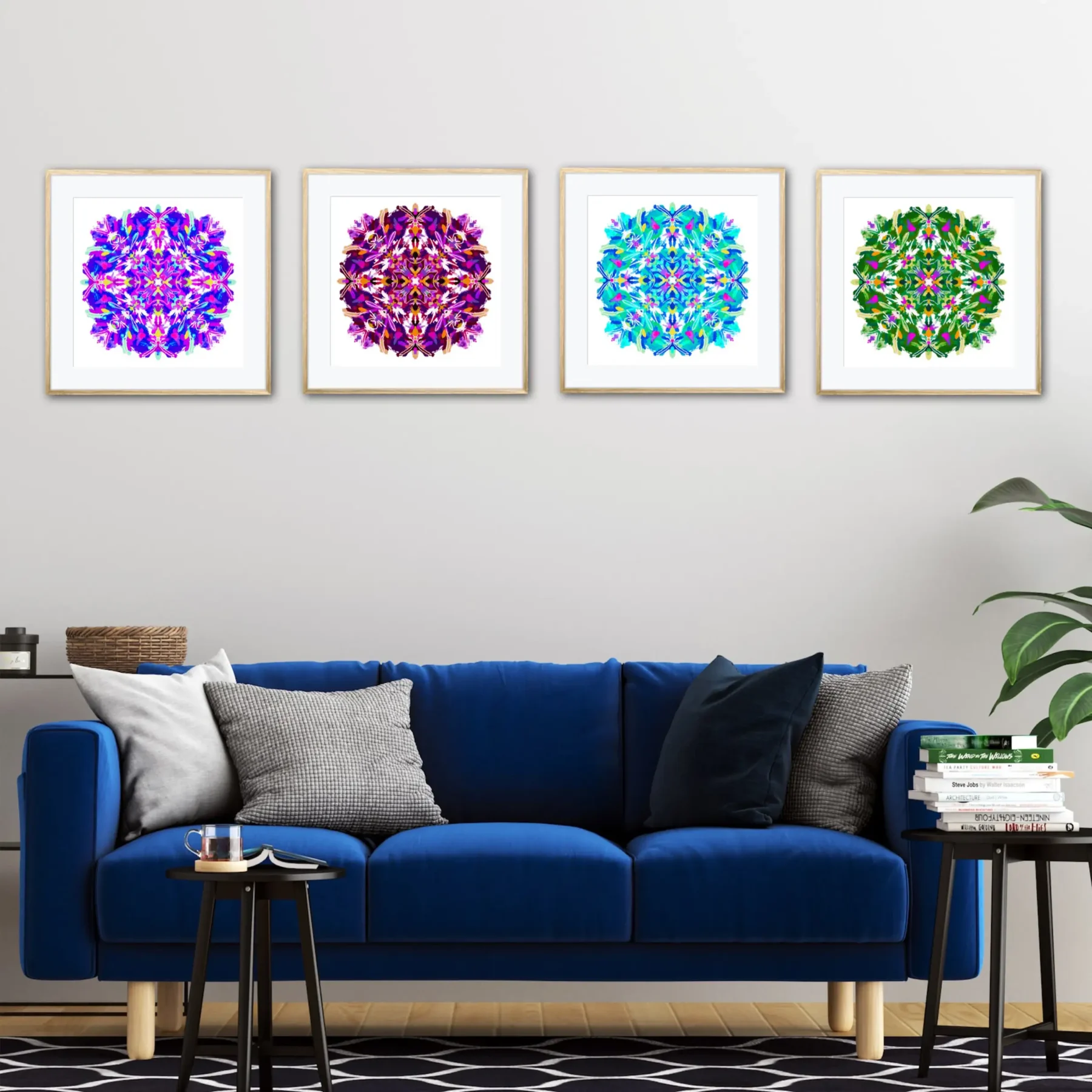 Gallery wall art mandala paintings in a row