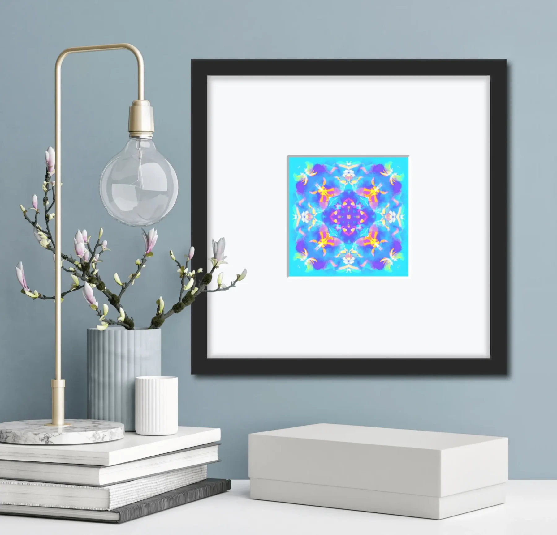 bright and beautiful mandala painting print as home decor in blue room