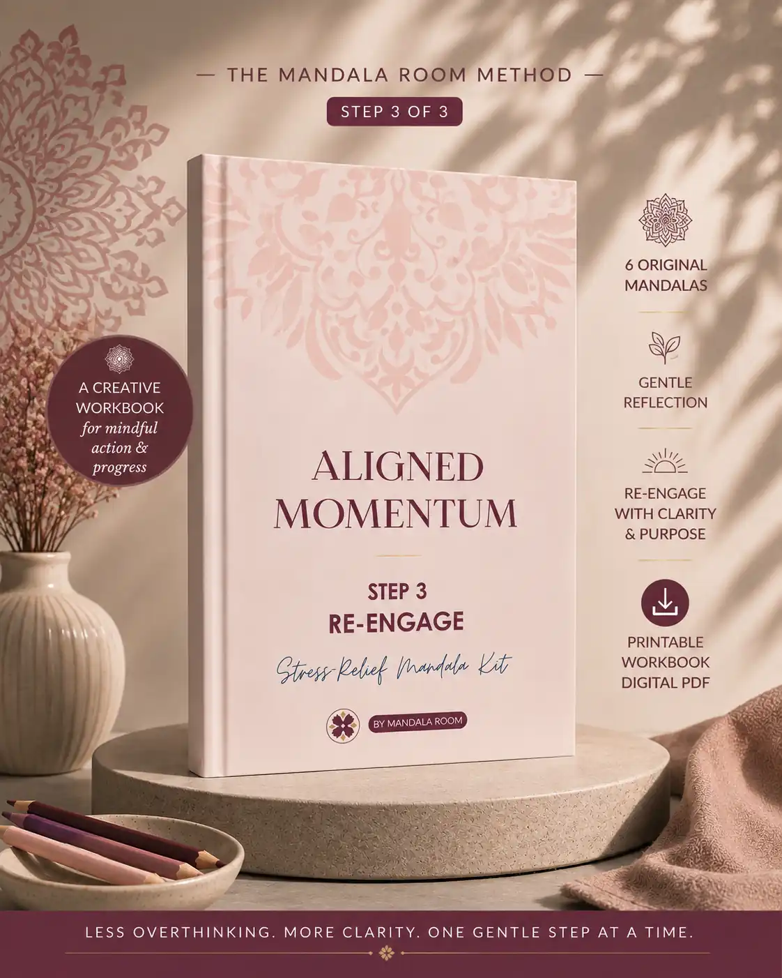 Aligned Momentum printable mandala workbook for finding clarity and direction through mindful colouring and guided reflection.